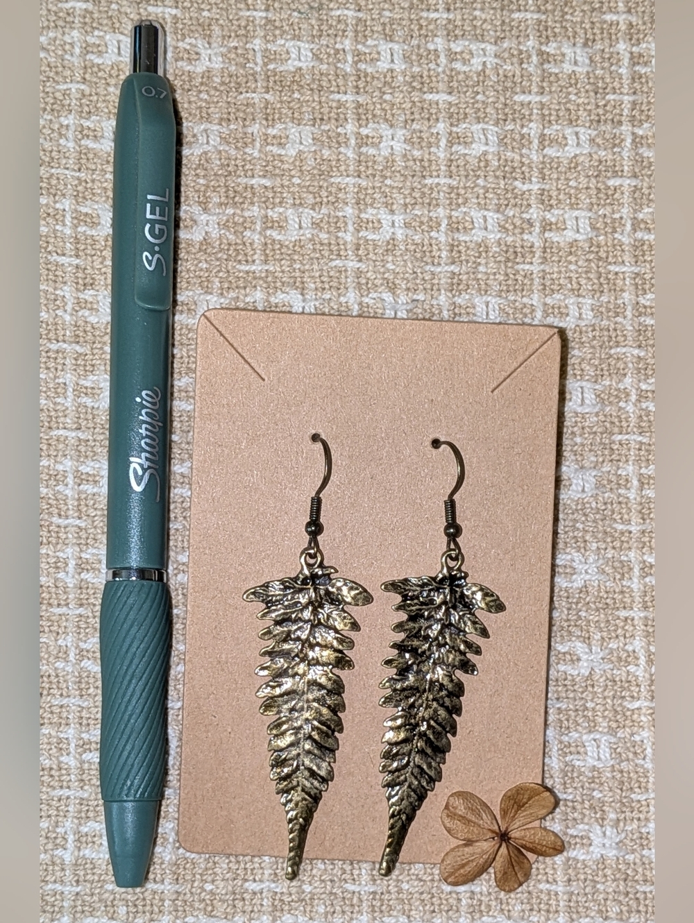 Bronze Tone Fern Leaf Dangle Earrings - Picture 2 of 3
